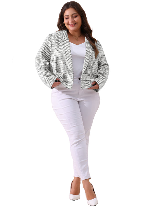 Chaqueta blazer de tweed de talla grande para mujer, con solapa con muescas, informal, elegante, de negocios, para primavera