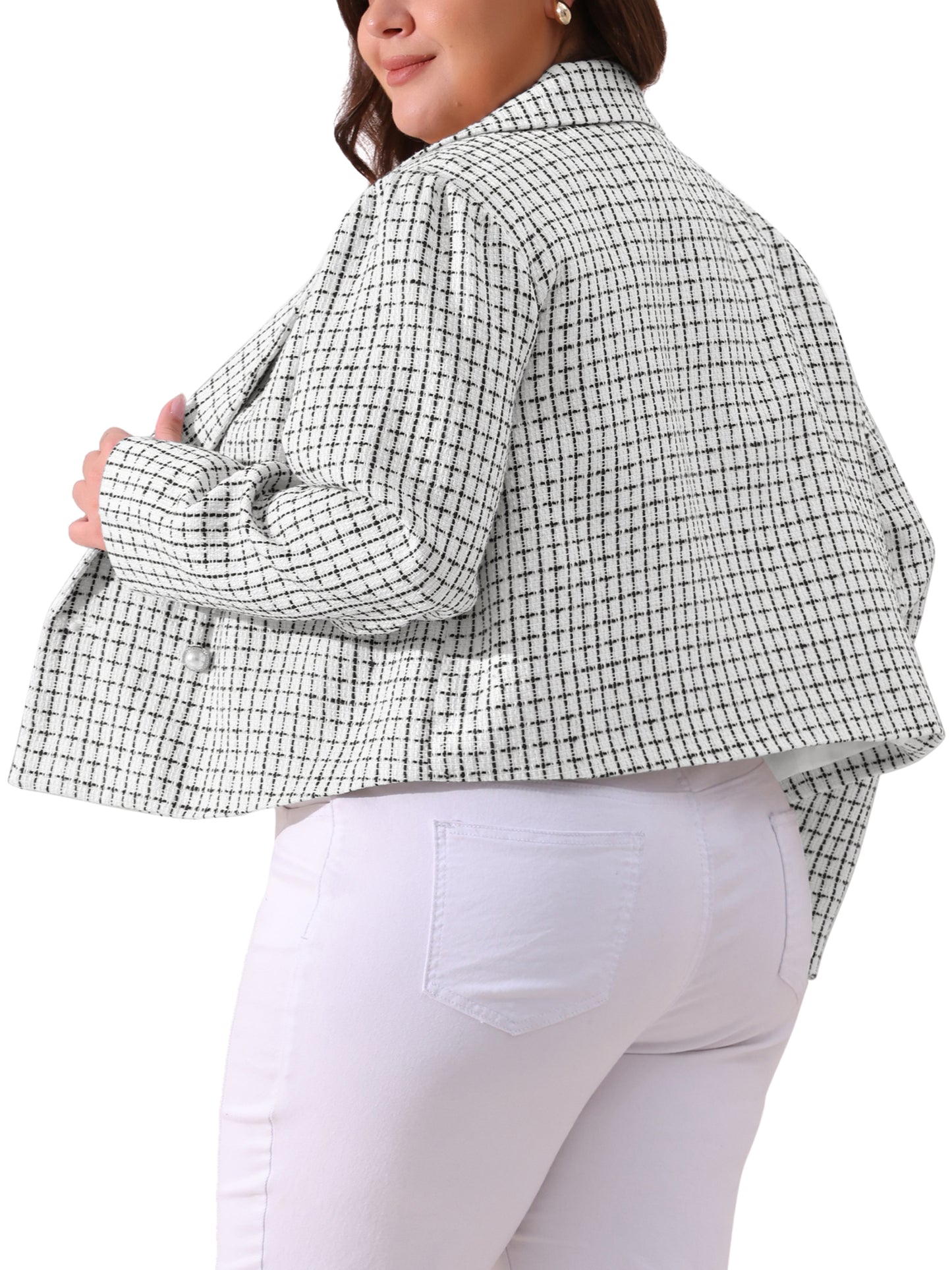 Chaqueta blazer de tweed de talla grande para mujer, con solapa con muescas, informal, elegante, de negocios, para primavera