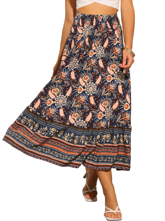 Women's Boho Elastic High Waist Floral Flowy Maxi Skirt