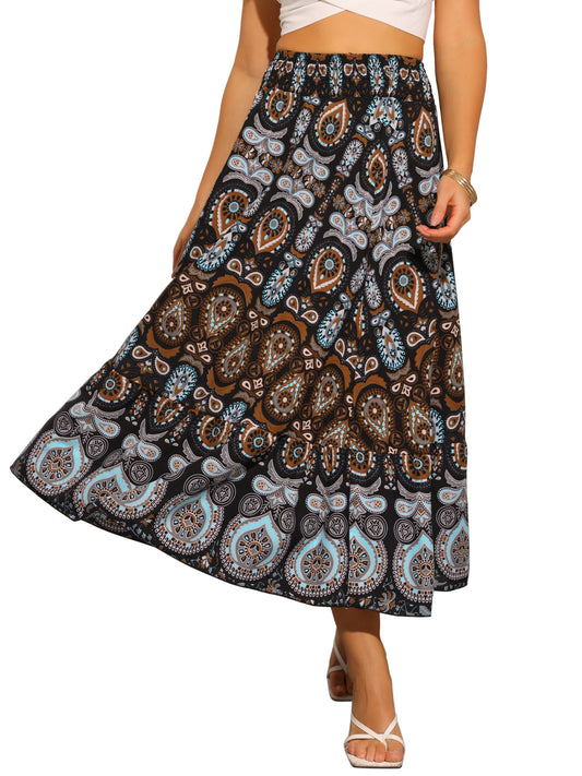 Women's Boho Elastic High Waist Floral Flowy Maxi Skirt