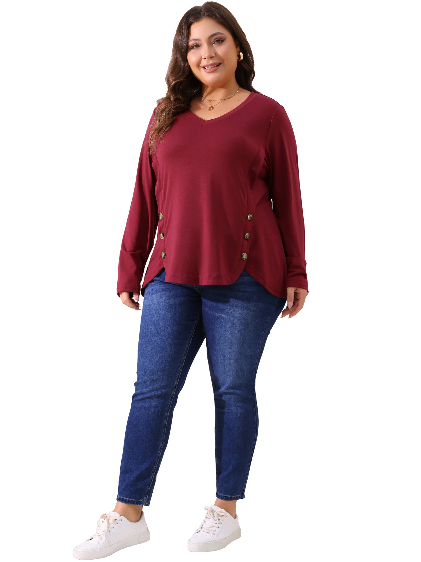 Women Plus Size Tops Casual V Neck Loose Button Side Long Sleeve Basic Swing Tunic