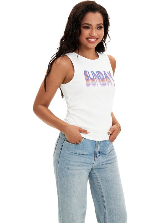 Camiseta sin mangas de verano para mujer, acanalada, cuello alto, fruncido lateral, informal, básica