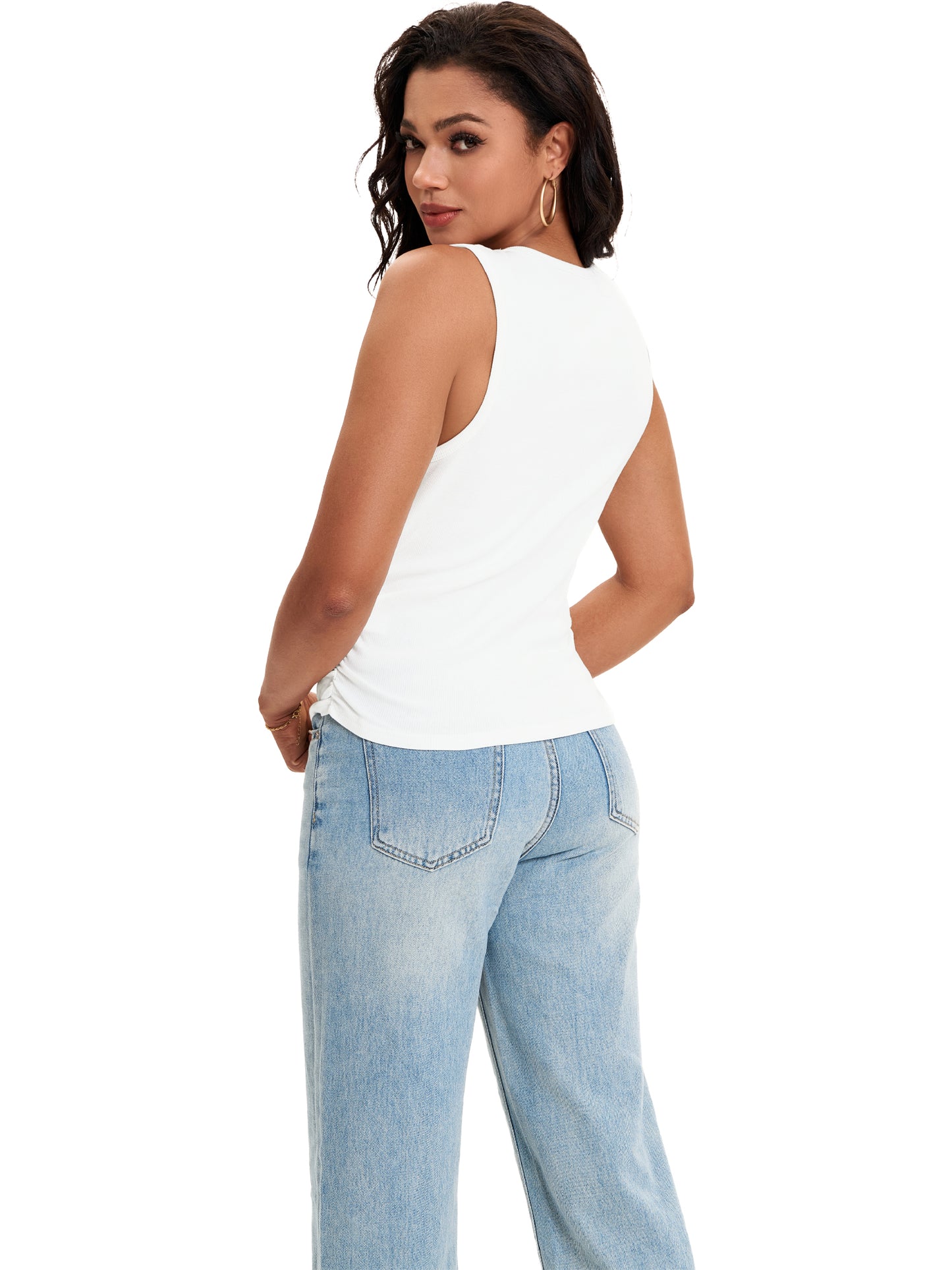 Camiseta sin mangas de verano para mujer, acanalada, cuello alto, fruncido lateral, informal, básica