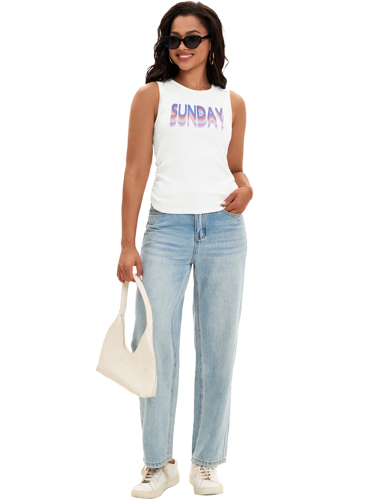 Camiseta sin mangas de verano para mujer, acanalada, cuello alto, fruncido lateral, informal, básica