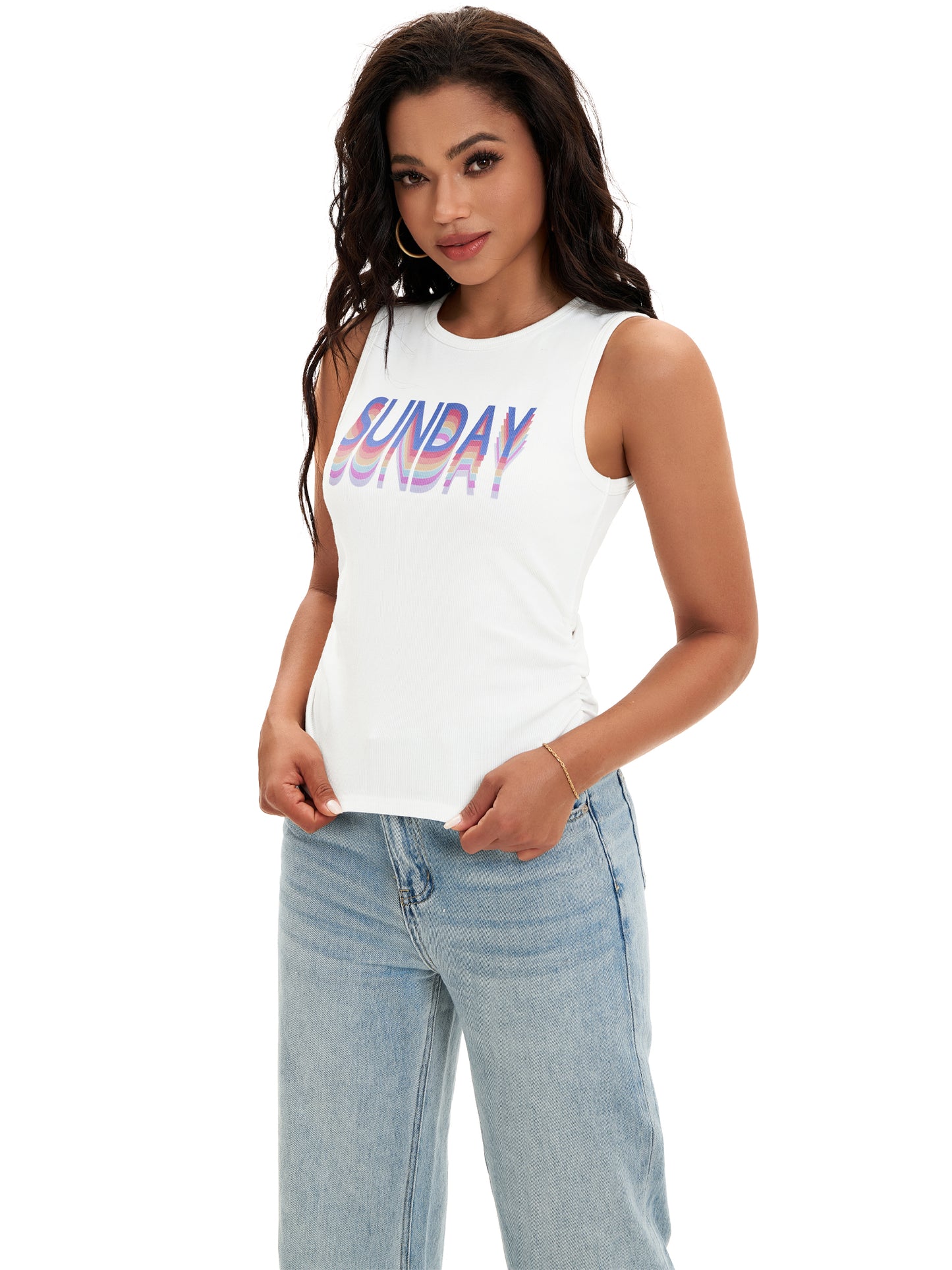 Camiseta sin mangas de verano para mujer, acanalada, cuello alto, fruncido lateral, informal, básica