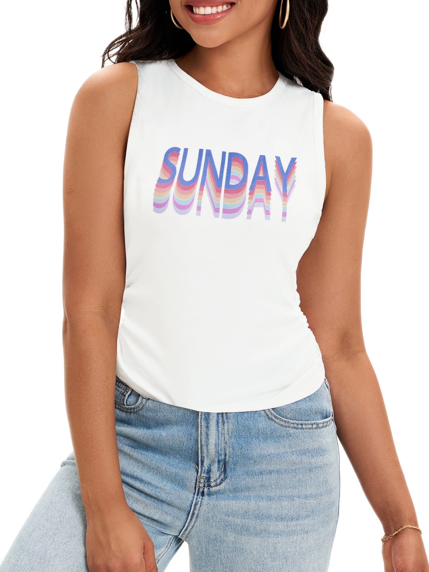 Camiseta sin mangas de verano para mujer, acanalada, cuello alto, fruncido lateral, informal, básica