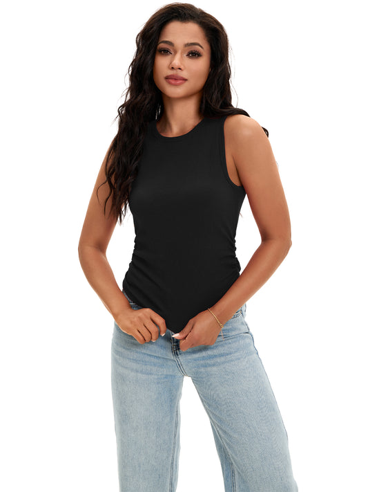 Womens Tank Top Summer Sleeveless Ribbed High Neck Side Ruched Casual Basic Top