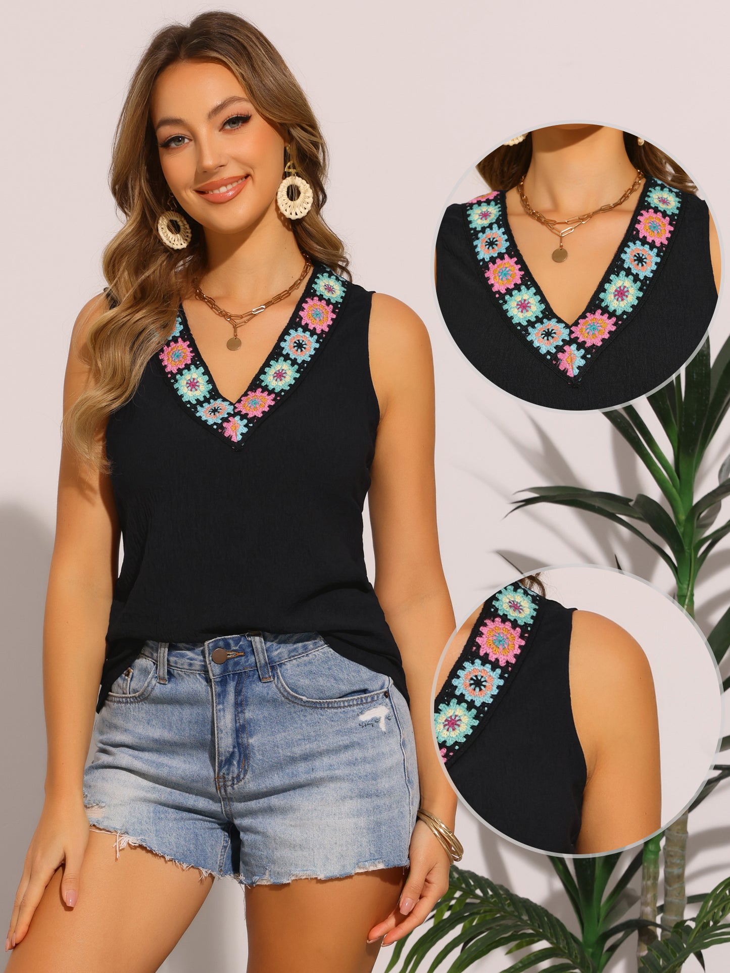 Camiseta sin mangas floral informal de verano con cuello en V estilo bohemio para mujer