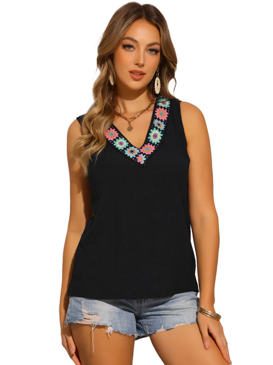 Camiseta sin mangas floral informal de verano con cuello en V estilo bohemio para mujer