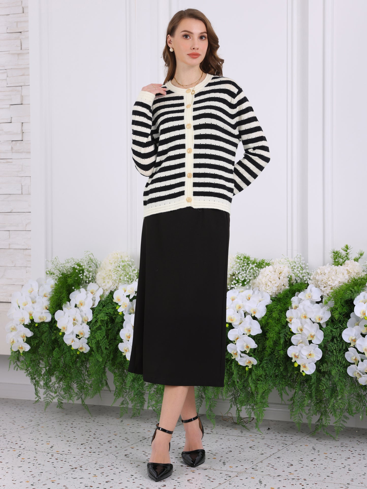 Suéter tipo cárdigan a rayas para mujer, blusa informal de punto de manga larga con canalé para primavera