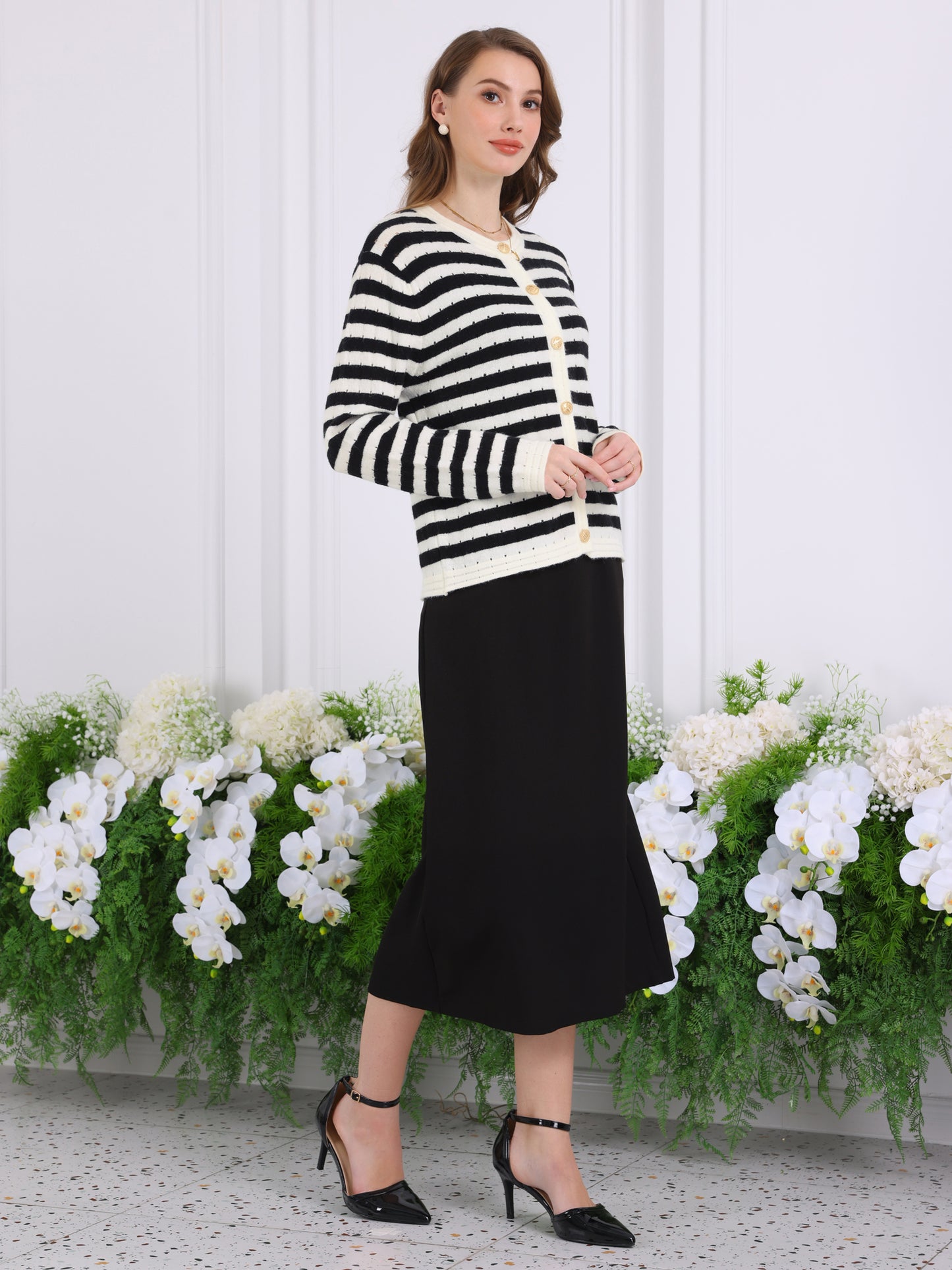 Suéter tipo cárdigan a rayas para mujer, blusa informal de punto de manga larga con canalé para primavera