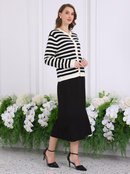 Suéter tipo cárdigan a rayas para mujer, blusa informal de punto de manga larga con canalé para primavera