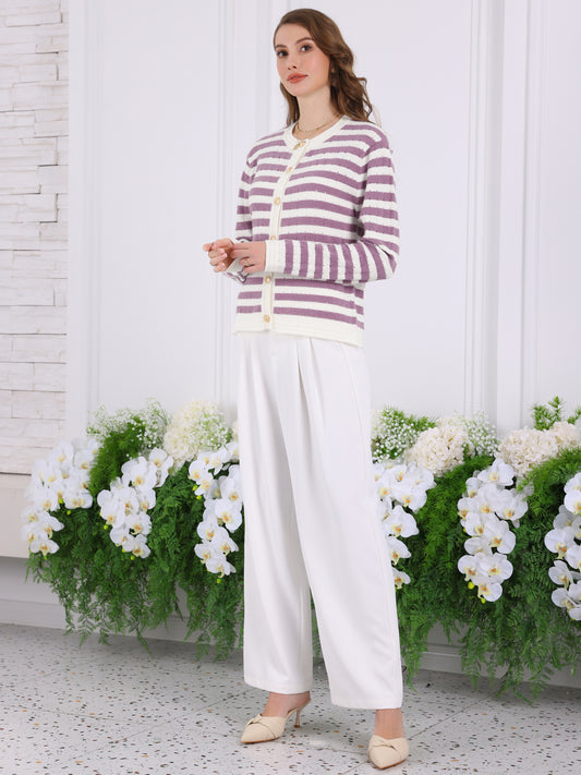 Suéter tipo cárdigan a rayas para mujer, blusa informal de punto de manga larga con canalé para primavera