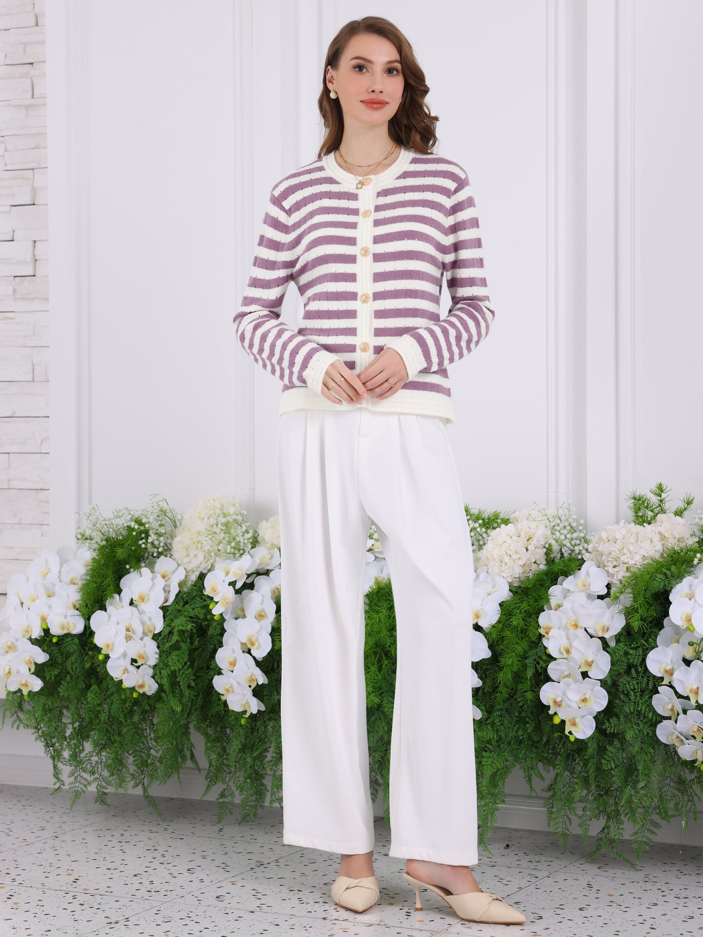 Suéter tipo cárdigan a rayas para mujer, blusa informal de punto de manga larga con canalé para primavera