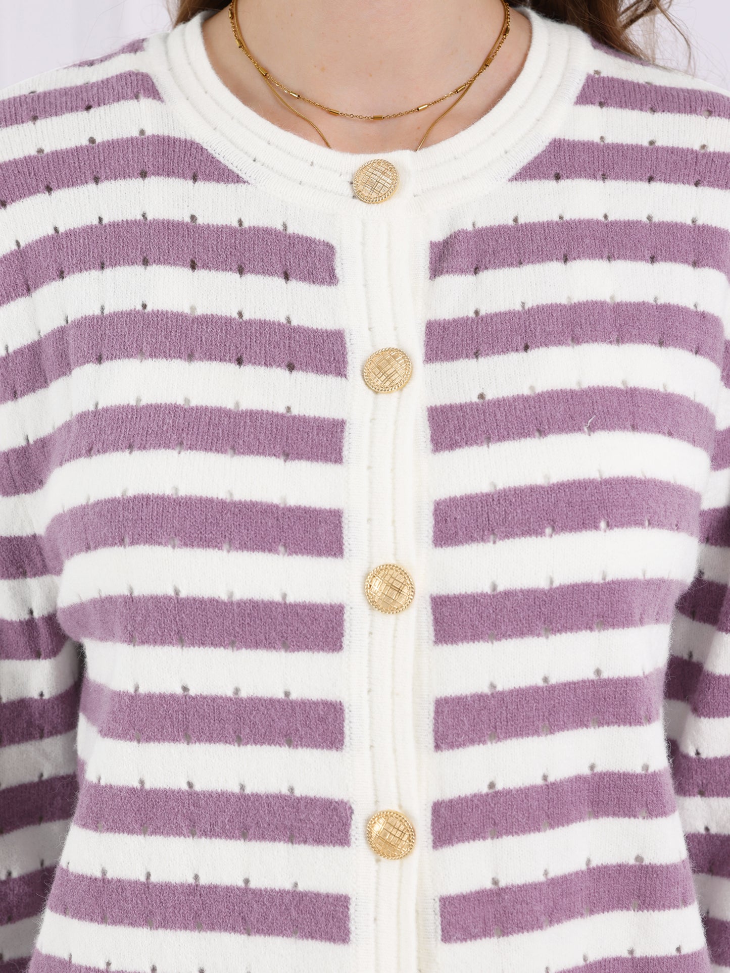 Suéter tipo cárdigan a rayas para mujer, blusa informal de punto de manga larga con canalé para primavera