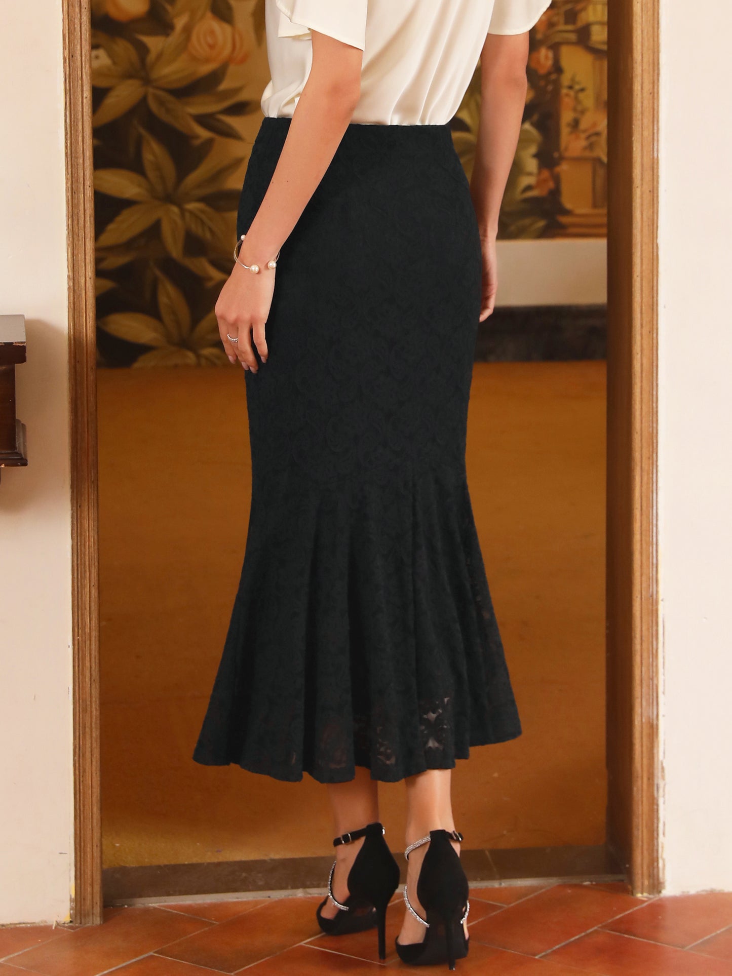Women's Cocktail Wedding Guest Lace Ruffle Hem Midi Mermaid Skirt