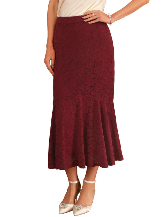 Women's Cocktail Wedding Guest Lace Ruffle Hem Midi Mermaid Skirt