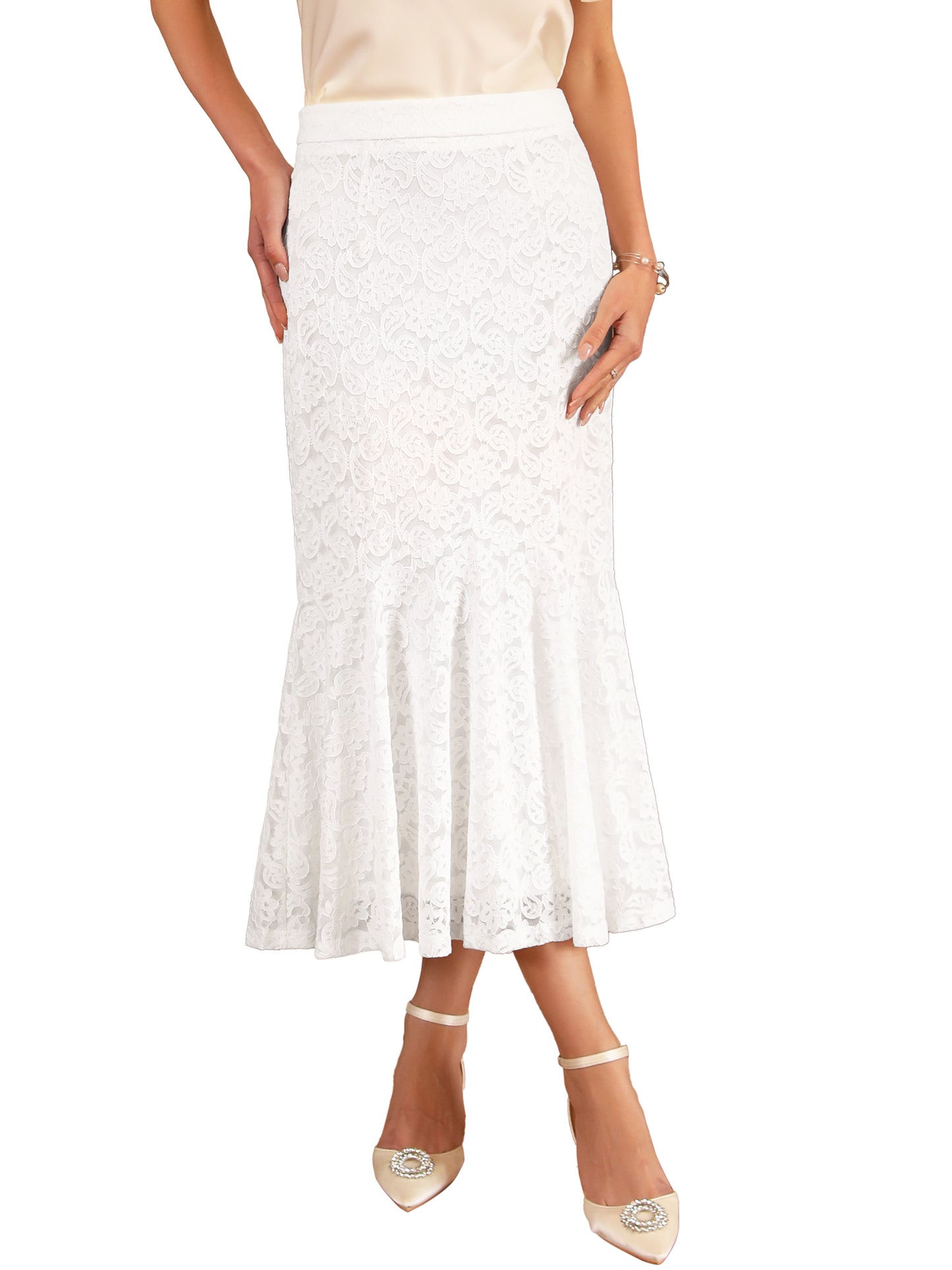 Women's Cocktail Wedding Guest Lace Ruffle Hem Midi Mermaid Skirt