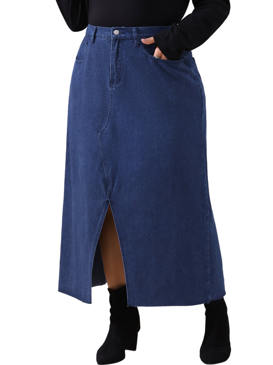 Falda vaquera larga vintage de talla grande para mujer, con dobladillo deshilachado, cintura alta y abertura frontal