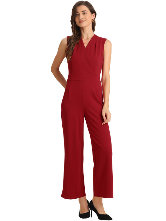Women's Elegant Jumpsuit V Neck Wrap Front High Waist Wide Leg Long Pants Jumpsuits