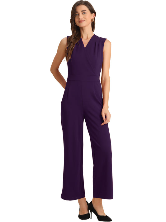 Women's Elegant Jumpsuit V Neck Wrap Front High Waist Wide Leg Long Pants Jumpsuits