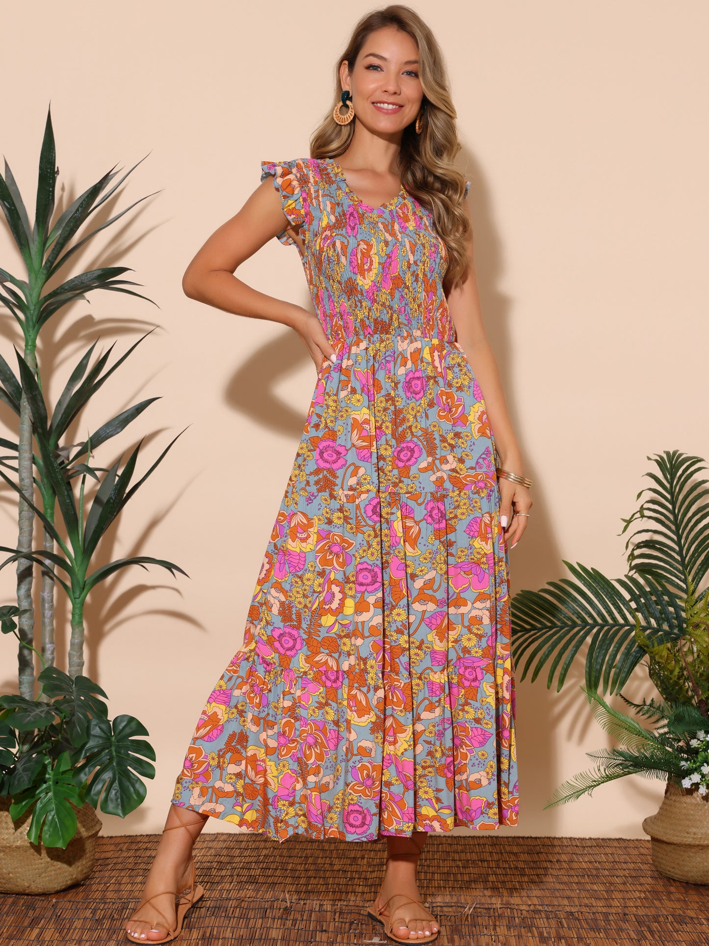 Women's Summer Dresses Casual Ruffle Sleeveless V Neck Floral Sundress Flowy Smocked Beach Maxi Dress