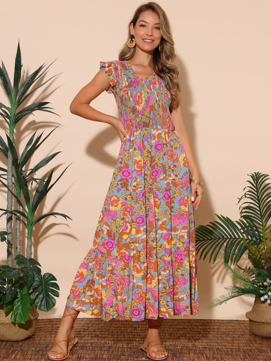 Women's Summer Dresses Casual Ruffle Sleeveless V Neck Floral Sundress Flowy Smocked Beach Maxi Dress