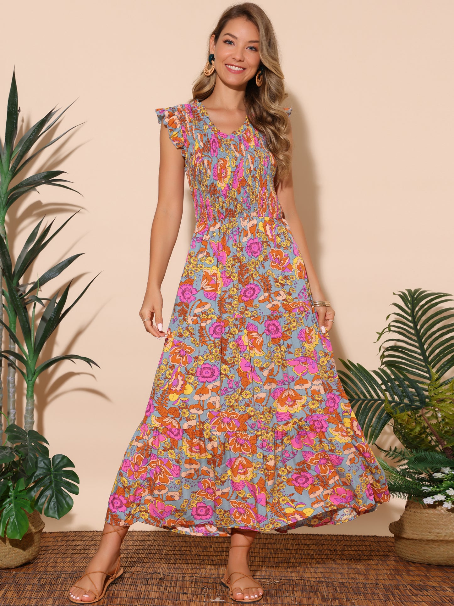 Women's Summer Dresses Casual Ruffle Sleeveless V Neck Floral Sundress Flowy Smocked Beach Maxi Dress