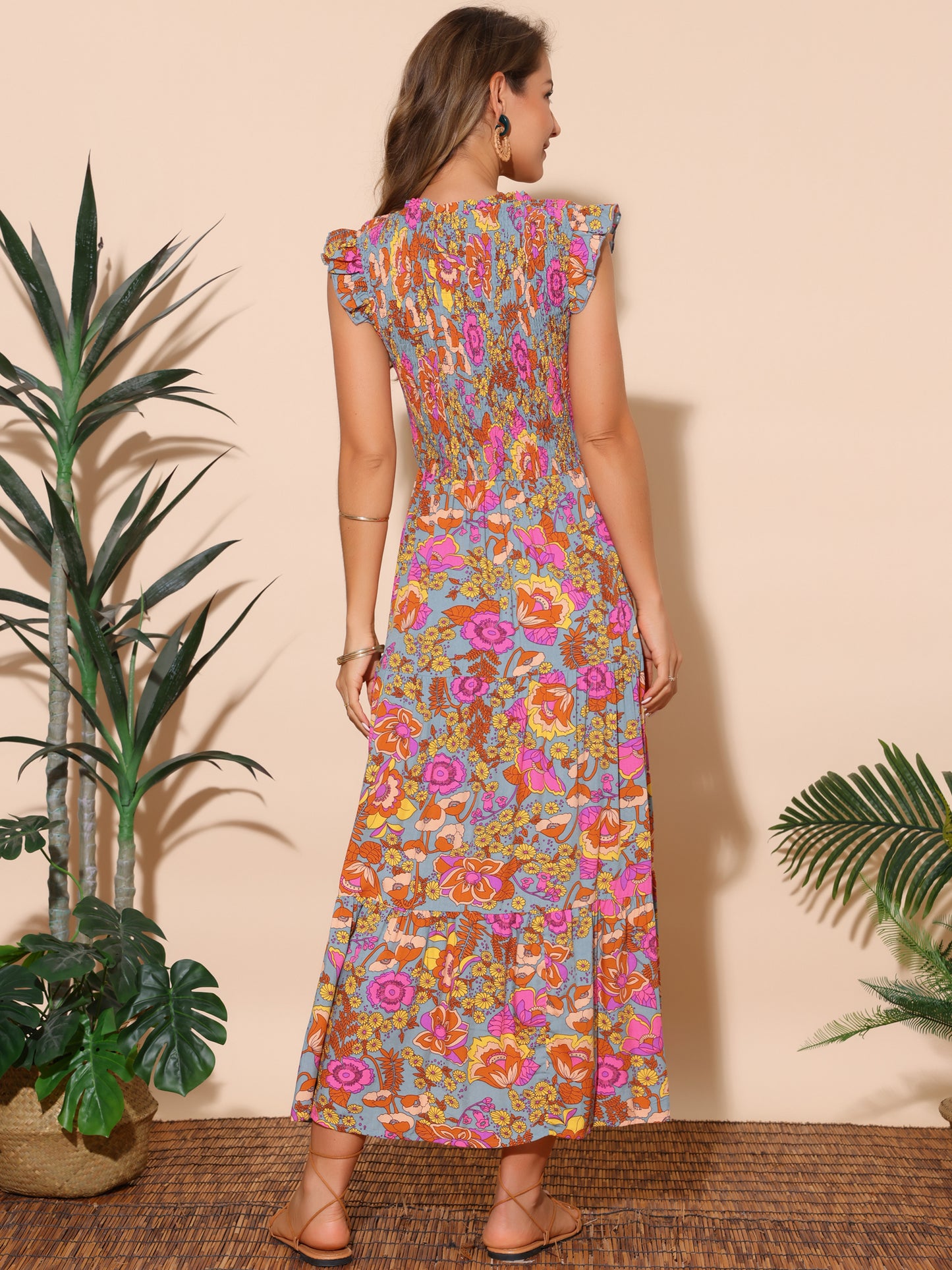 Women's Summer Dresses Casual Ruffle Sleeveless V Neck Floral Sundress Flowy Smocked Beach Maxi Dress