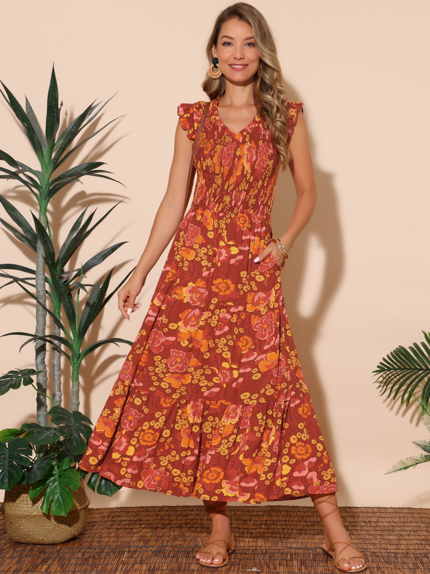 Women's Summer Dresses Casual Ruffle Sleeveless V Neck Floral Sundress Flowy Smocked Beach Maxi Dress