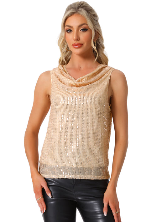 Top sin mangas con lentejuelas y cuello vuelto para mujer, con purpurina brillante para fiesta