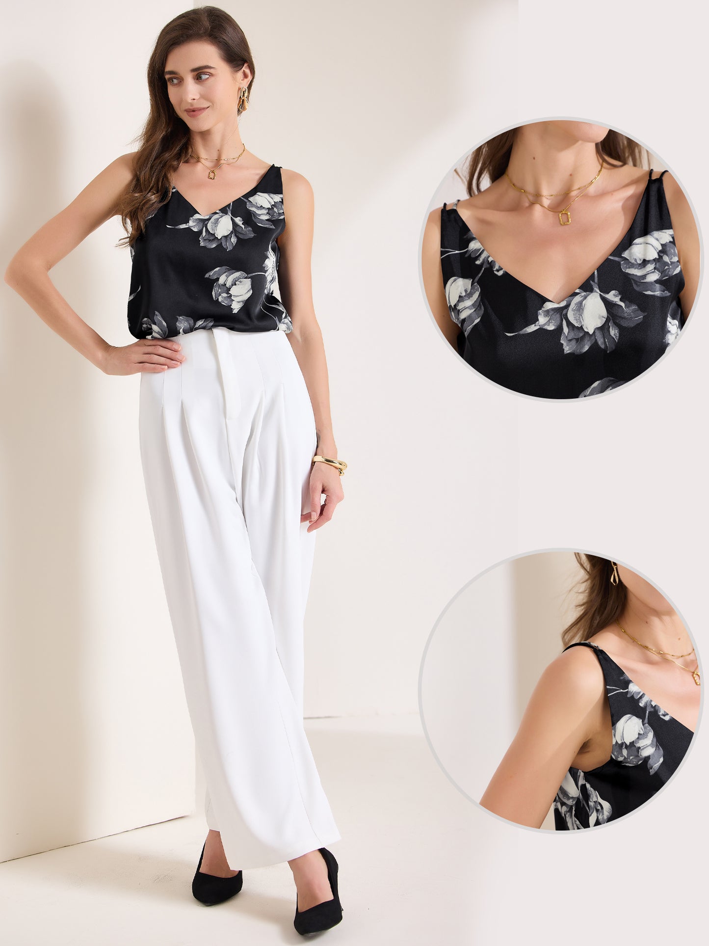 Women's V Neck Sleeveless Floral Satin Cami Top