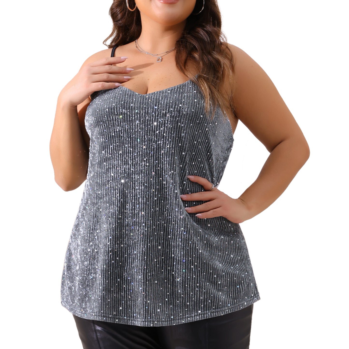 Women Plus Size Sequin Sparkle Glitter Cami Sleeveless Gradient Party Camisole Tank Top