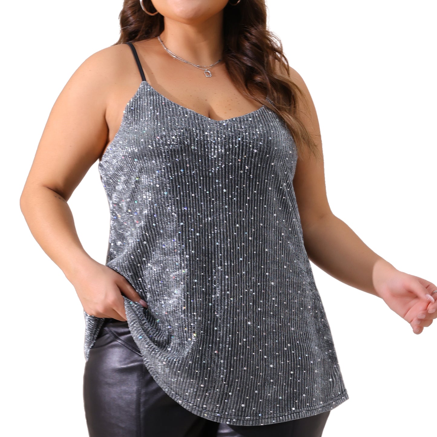 Women Plus Size Sequin Sparkle Glitter Cami Sleeveless Gradient Party Camisole Tank Top