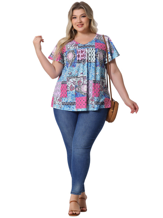 Women's Plus Size V Neck Ruffle Short Sleeve Tops Summer Blouse