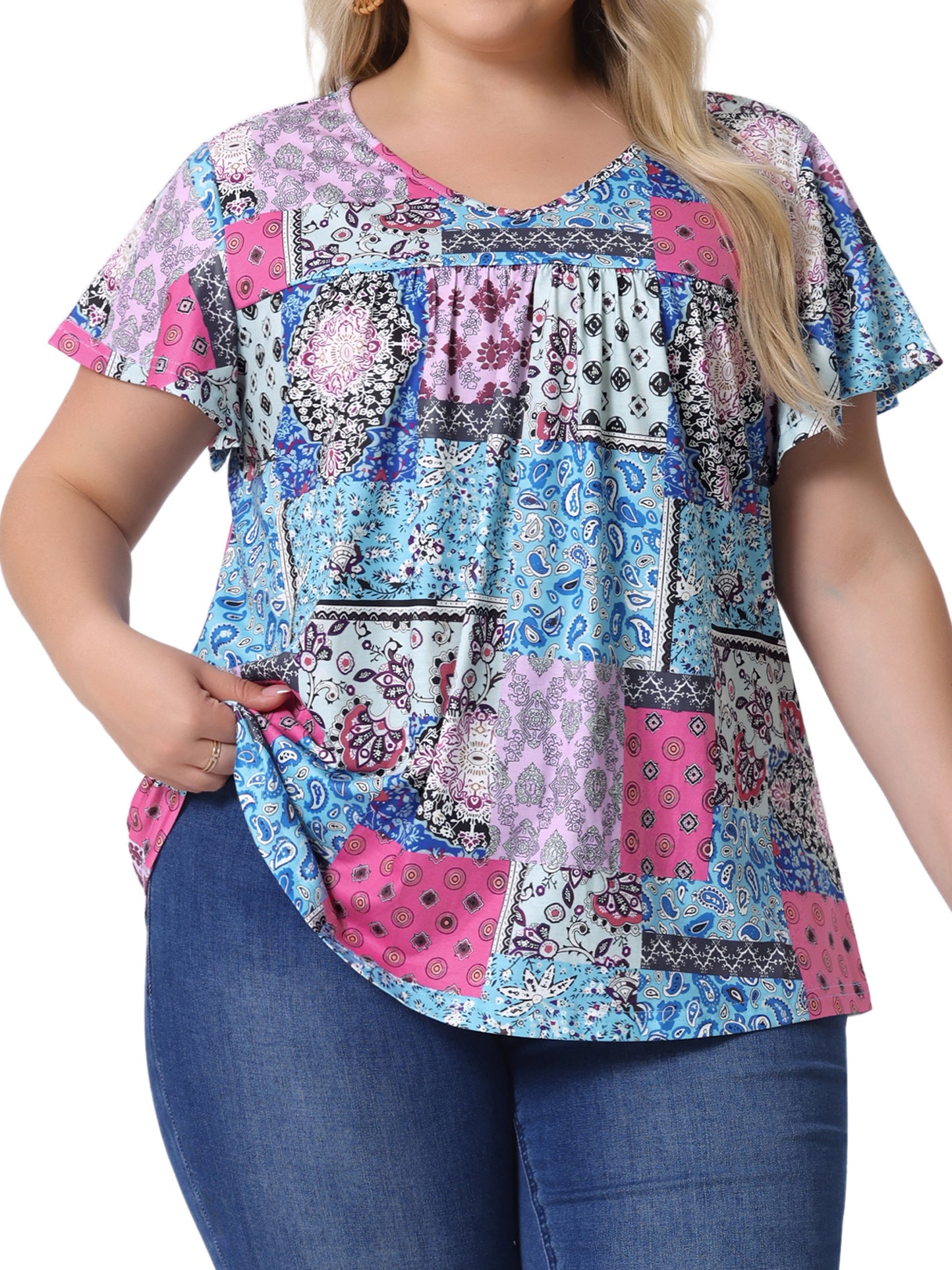Women's Plus Size V Neck Ruffle Short Sleeve Tops Summer Blouse