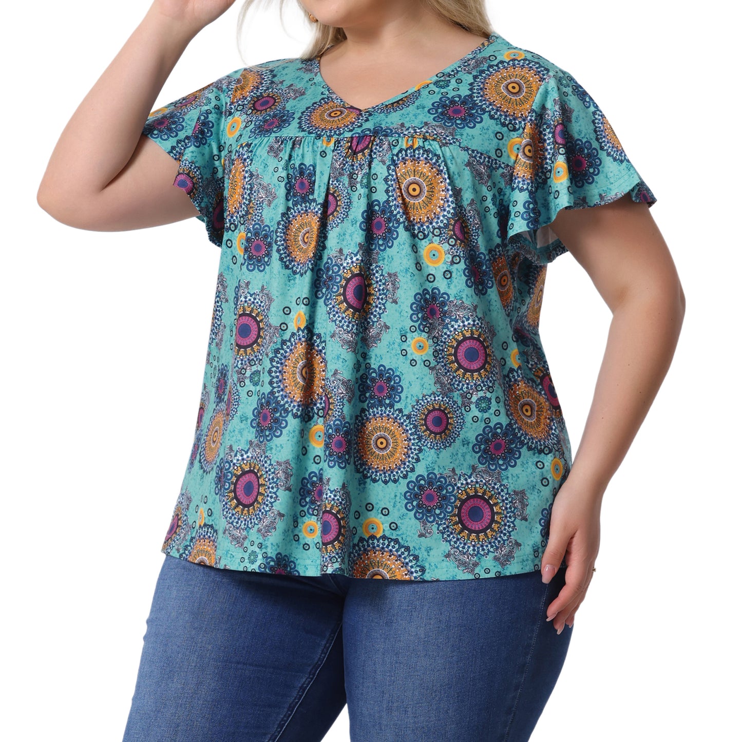 Blusa de verano de manga corta con volantes y cuello en V para mujer, talla grande