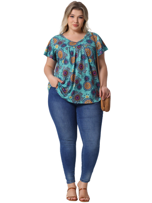Women's Plus Size V Neck Ruffle Short Sleeve Tops Summer Blouse