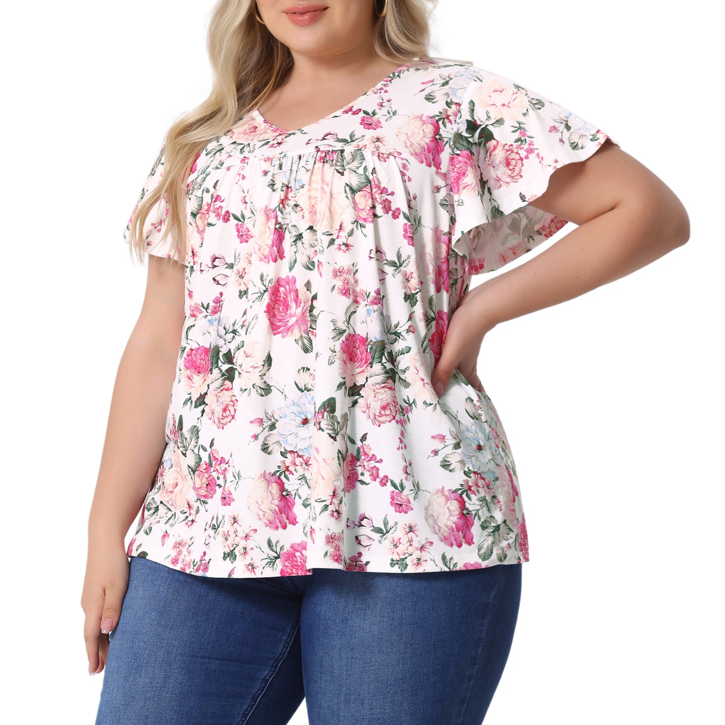 Women's Plus Size V Neck Ruffle Short Sleeve Tops Summer Blouse