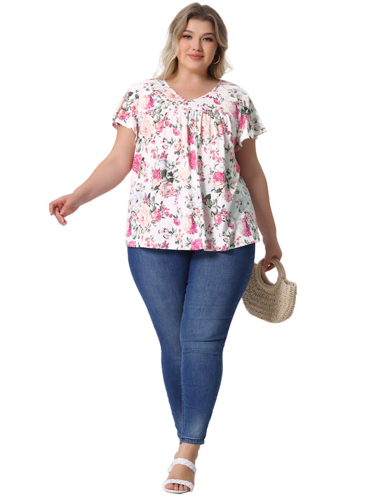 Women's Plus Size V Neck Ruffle Short Sleeve Tops Summer Blouse