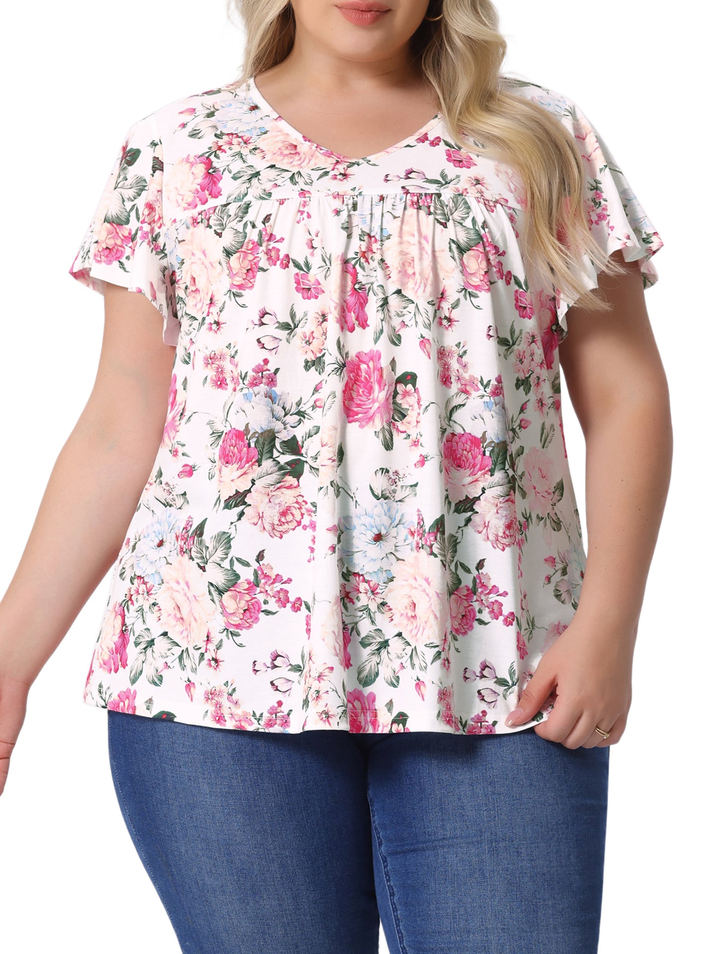 Women's Plus Size V Neck Ruffle Short Sleeve Tops Summer Blouse
