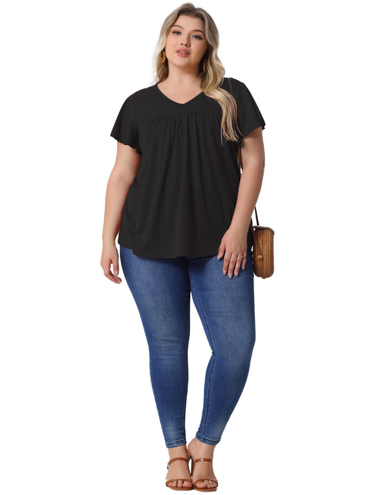 Women's Plus Size V Neck Ruffle Short Sleeve Tops Summer Blouse
