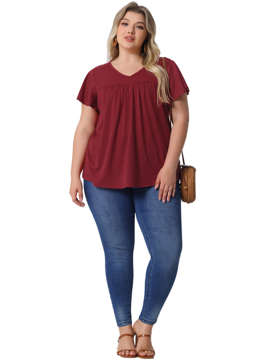 Women's Plus Size V Neck Ruffle Short Sleeve Tops Summer Blouse