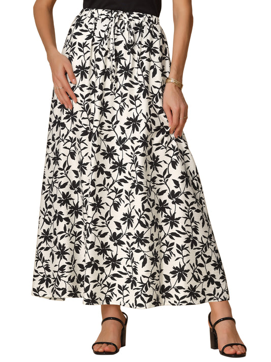 Women's Summer Elastic High Waisted Flowy A-Line Floral Maxi Skirt