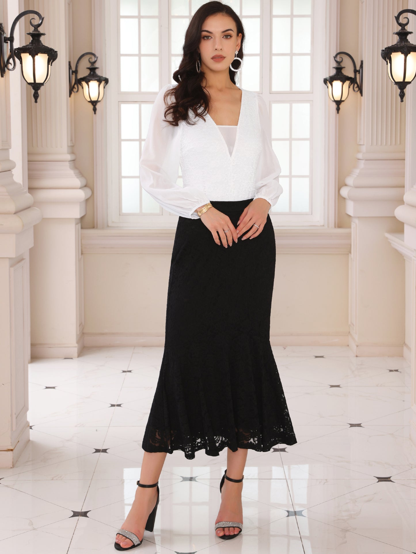 Body de gasa con cuello en V y mangas abullonadas para mujer, elegante y formal