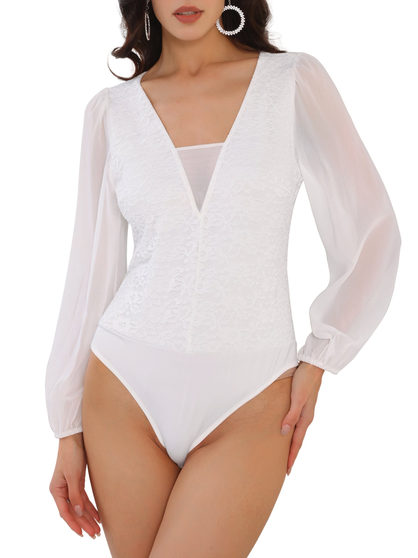 Body de gasa con cuello en V y mangas abullonadas para mujer, elegante y formal