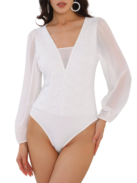Women's Lace V Neck Chiffon Puff Sleeve Dressy Formal Leotard Bodysuit Top