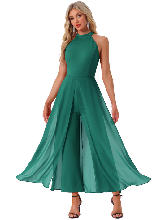 Women's Summer Sleeveless Halter Neck Wedding Chiffon Wide Leg Dressy Elegant Jumpsuit