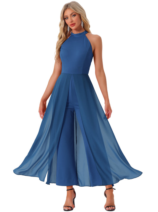 Women's Summer Sleeveless Halter Neck Wedding Chiffon Wide Leg Dressy Elegant Jumpsuit