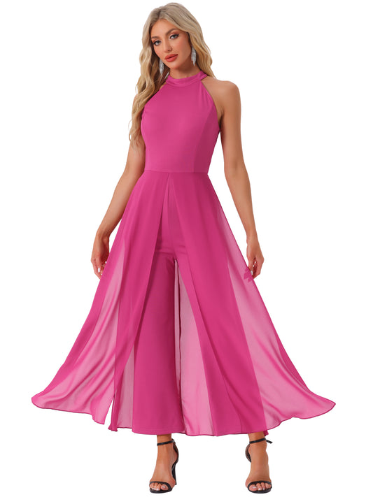 Women's Summer Sleeveless Halter Neck Wedding Chiffon Wide Leg Dressy Elegant Jumpsuit